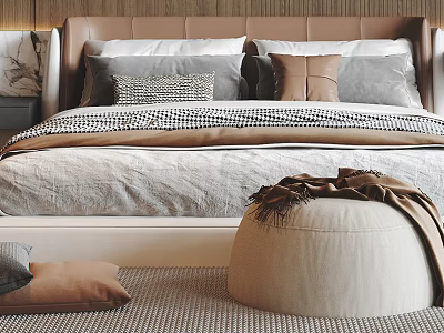 Modern Double Bed Featuring Upholstered Headboard Soft Pillows Checkered Bedspread And Round Pouf 3d model