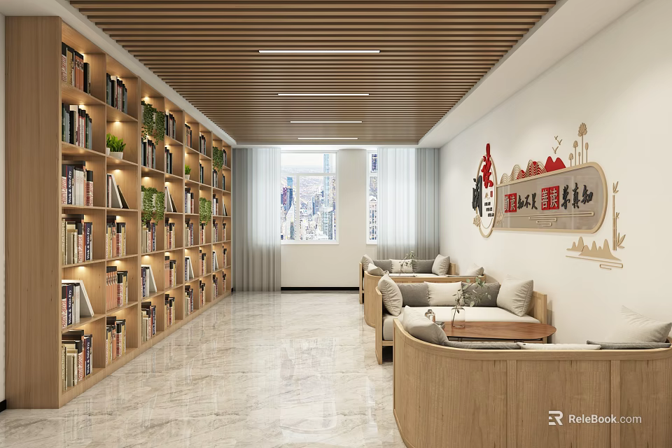 Book Art Themed Reading Space With Wooden Bookshelves Sofa And Decorative Paintings 3d model 