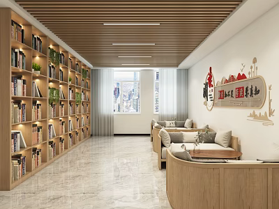 Book Art Themed Reading Space With Wooden Bookshelves Sofa And Decorative Paintings 3d model
