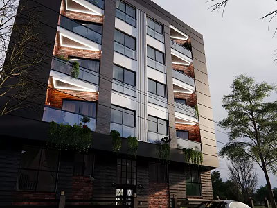 Modern Multi Storey Building With Glass Windows Balconies And Green Trees Around 3d model