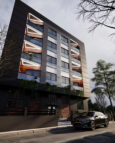 Modern Multi Storey Building With Glass Windows Balconies And Green Trees Around 3d model