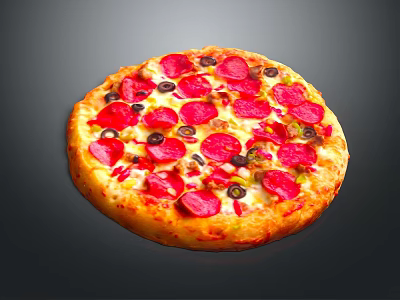 Delicious Pepperoni Pizza Topped with Olives Tomato Sauce and Melted Cheese 3d model