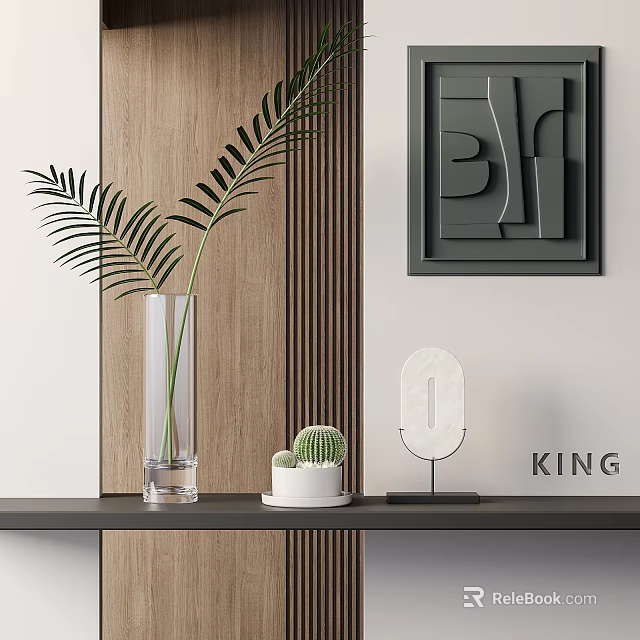 Clear Glass Vase With Long Palm Leaf And Small Cactus Pot On Wooden Wall Shelf 3d model 