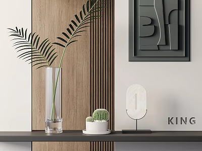 Clear Glass Vase With Long Palm Leaf And Small Cactus Pot On Wooden Wall Shelf 3d model