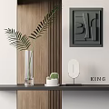 Clear Glass Vase With Long Palm Leaf And Small Cactus Pot On Wooden Wall Shelf
