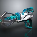 Futuristic Sci Fi Weapon With Teal And Silver Mechanical Design Barrel Grip And Tech Features