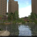 Lush Greenery Residential Landscape With High Rise Buildings Water Features Pavilion And Colorful Flowers