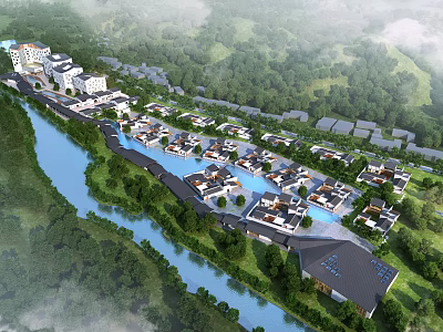 Aerial Planning of Riverside Area With Lush Greenery And Residential Buildings 3d model