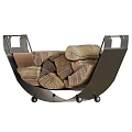 Sturdy Metal Fireplace Firewood Holder With Stacked Logs And Mobile Wheels Design