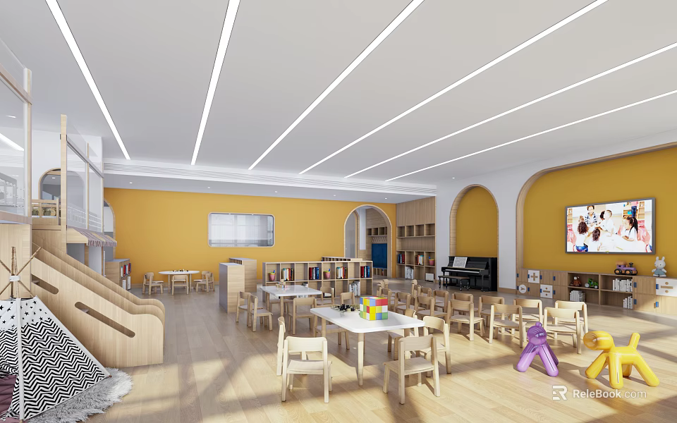 Warm Kindergarten Interior With Yellow Walls Arched Doorways Slide Piano And Colorful Toys 3d model 