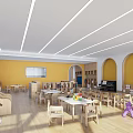 Warm Kindergarten Interior With Yellow Walls Arched Doorways Slide Piano And Colorful Toys