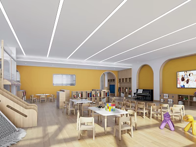 Warm Kindergarten Interior With Yellow Walls Arched Doorways Slide Piano And Colorful Toys 3d model