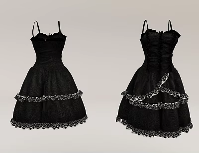 Fashionable Black Dresses With Spaghetti Straps Layered Skirt Lace Trim And Back Detailing 3d model