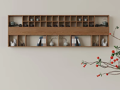 Wooden Wall Mounted Display Shelves With Multi Tiered Design And Decorative Items Books Tea Sets 3d model