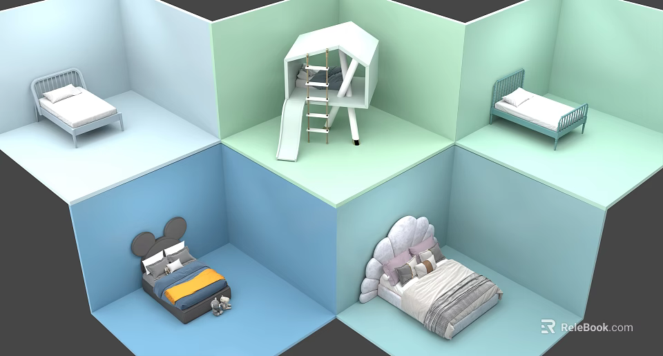 White Kids Play Tent With Ladder And Slide In Colorful Room Interior 3d model 