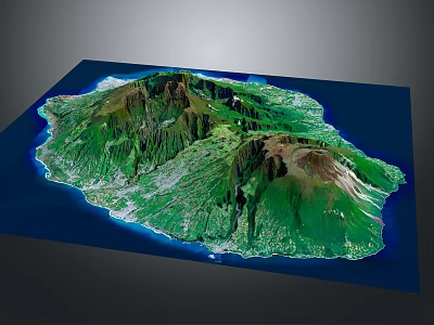 Island Terrain 3D Model with Mountainous Landforms Coastal Areas Green Vegetation and Blue Ocean 3d model