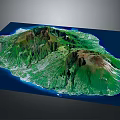 Island Terrain 3D Model with Mountainous Landforms Coastal Areas Green Vegetation and Blue Ocean