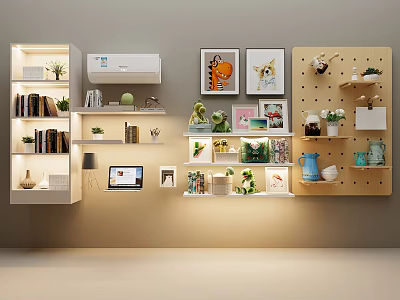 Modern Wall Shelf Decorative Items Display With Books Plants Photo Frames Small Ornaments And Lighting 3d model