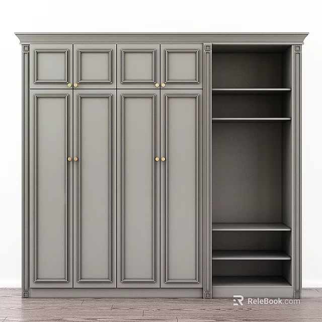 Gray Modern Cabinet With Multiple Doors Open Shelves And Brass Handles 3d model 
