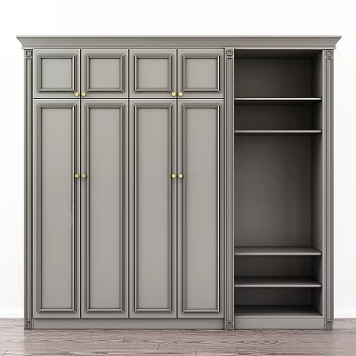 Gray Modern Cabinet With Multiple Doors Open Shelves And Brass Handles 3d model