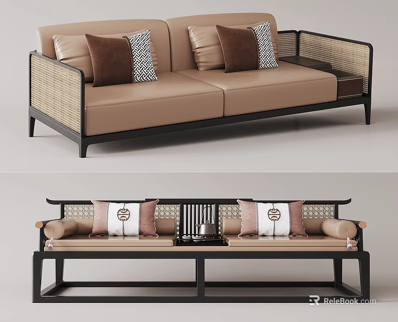 Elegant Modern Two-Seater Leather Sofa With Woven Armrests Patterned Cushions And Black Frame 3d model