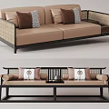 Elegant Modern Two-Seater Leather Sofa With Woven Armrests Patterned Cushions And Black Frame 3d model