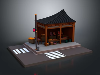 Traditional Wooden Street Kiosk With Black Tiled Roof Street Lamp Traffic Light And Zebra Crossing 3d model