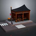 Traditional Wooden Street Kiosk With Black Tiled Roof Street Lamp Traffic Light And Zebra Crossing