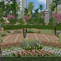 Garden Landscape With Circular Flower Bed Palm Trees And Pedestrians Near High Rise Buildings
