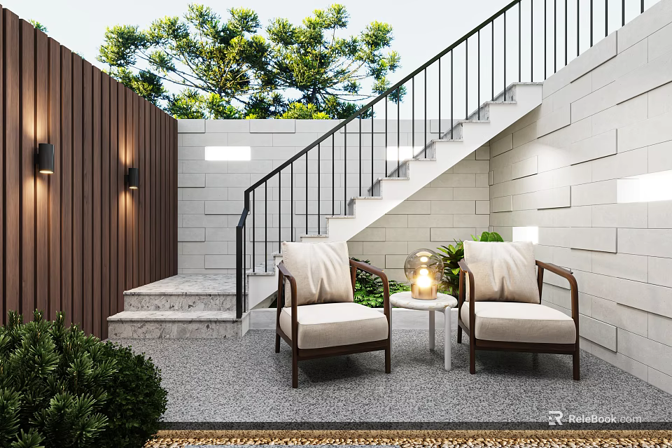 Modern Garden Outdoor Seating Area With Two Chairs Small Table Staircase And Green Plants 3d model 