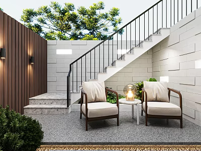 Modern Garden Outdoor Seating Area With Two Chairs Small Table Staircase And Green Plants 3d model