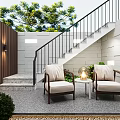 Modern Garden Outdoor Seating Area With Two Chairs Small Table Staircase And Green Plants