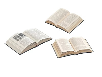 Three Open Books With Detailed Pages And Black White Illustrations On White Surface 3d model