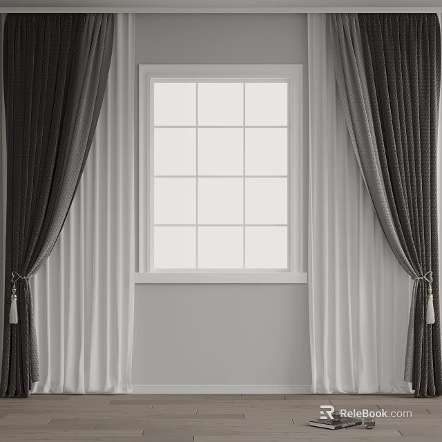 Gray And White Curtains Hanging On Both Sides Of White Window Frame With Panes 3d model 