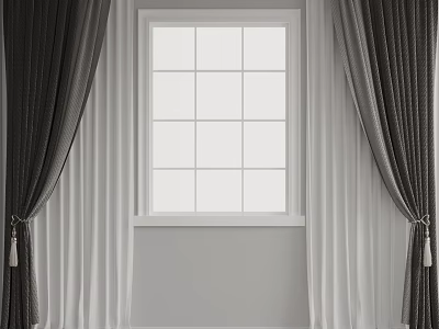 Gray And White Curtains Hanging On Both Sides Of White Window Frame With Panes 3d model