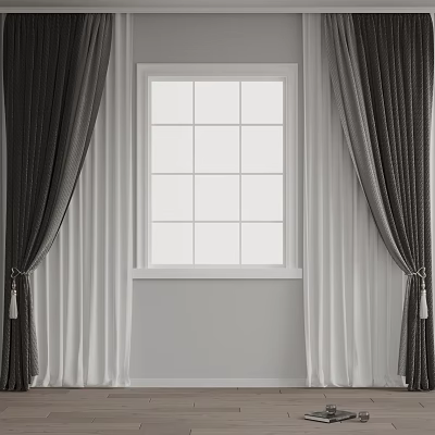 Gray And White Curtains Hanging On Both Sides Of White Window Frame With Panes 3d model