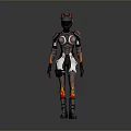 Futuristic Warrior Character In White Black Armored Outfit With Red Helmet And Flame Patterns