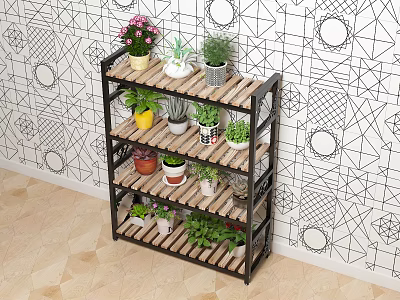 Garden Decorative Multi Tiered Shelf Holding Various Potted Plants With Colorful Pots And Geometric Wall 3d model