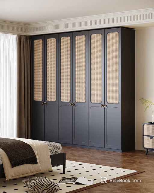 Modern Dark Gray Wardrobe with Rattan Paneled Doors and Gold Handles in Bedroom Interior 3d model 