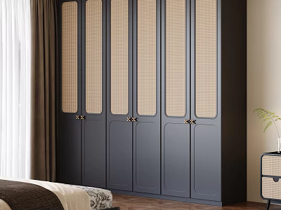 Modern Dark Gray Wardrobe with Rattan Paneled Doors and Gold Handles in Bedroom Interior 3d model