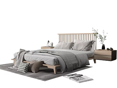 Modern Double Bed With Wooden Headboard Light Gray Bedding Nightstand Plant Pillows On Rug Magazines 3d model