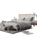 Modern Double Bed With Wooden Headboard Light Gray Bedding Nightstand Plant Pillows On Rug Magazines
