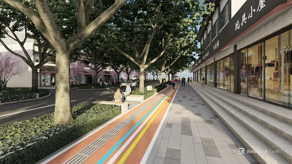Garden Landscape With Tree Lined Walkway Colorful Paved Path And Benches Near Commercial Buildings 3d model 