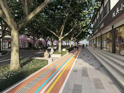 Garden Landscape With Tree Lined Walkway Colorful Paved Path And Benches Near Commercial Buildings 3d model