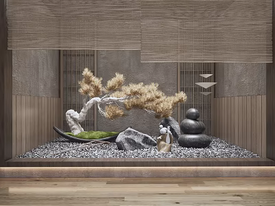 Zen Courtyard Garden With Bamboo Blinds Pine Tree Moss Pebbles And Stone Ornaments 3d model