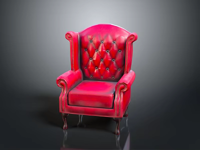 Red Leather Lazy Sofa with Tufted Design and Sturdy Wooden Legs 3d model