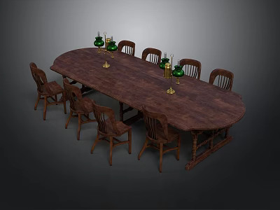 Oval Wooden Dining Table With Eight Wooden Chairs And Green Candlesticks 3d model