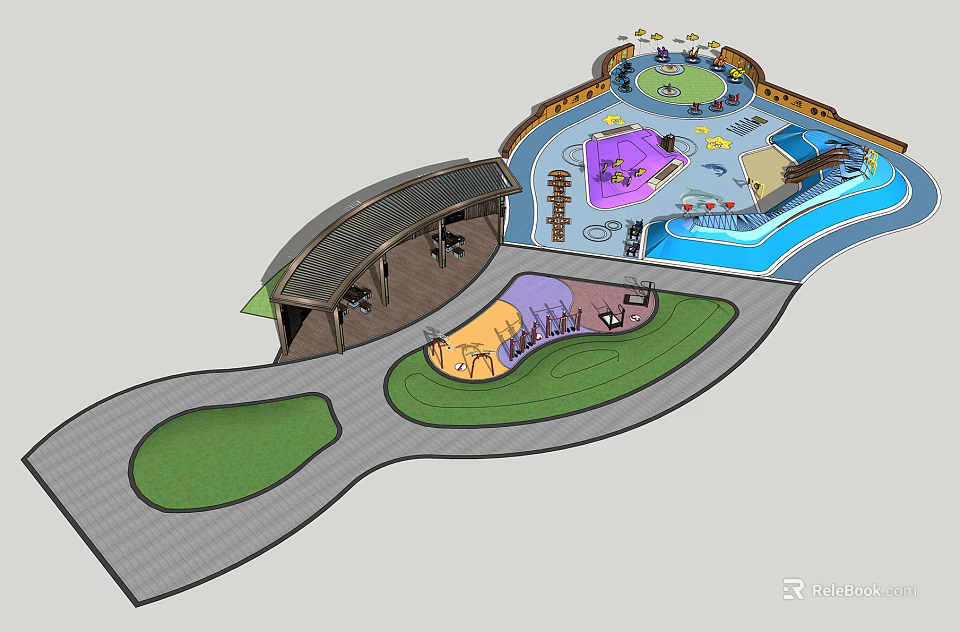 Colorful Park Design With Play Areas Lawns Pathways And Rest Pavilions 3d model 
