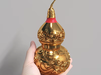 Decorative Ornament Set Golden Gourd Shaped with Carved Patterns and Red Decoration Held in Hand 3d model
