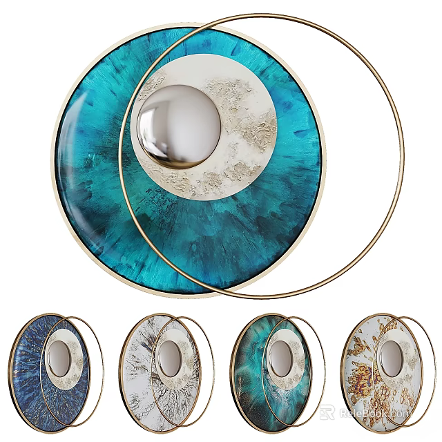 Round Blue And Gold Wall Decor With Metal Frame And Abstract Textured Design 3d model 